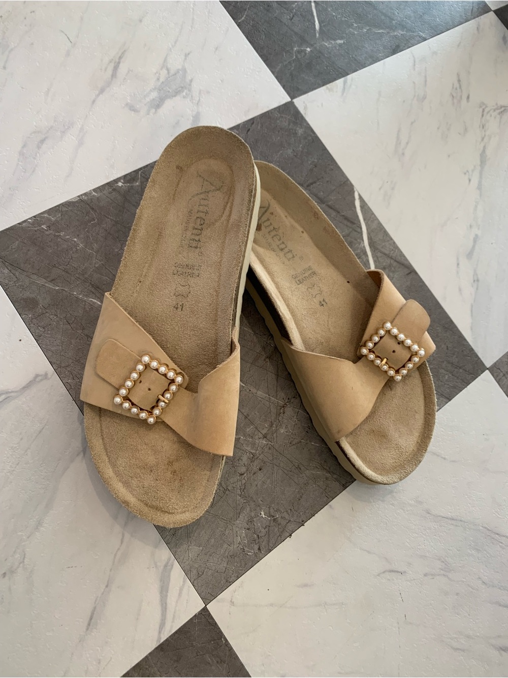 Pearl-Buckle Tan Slide Mules